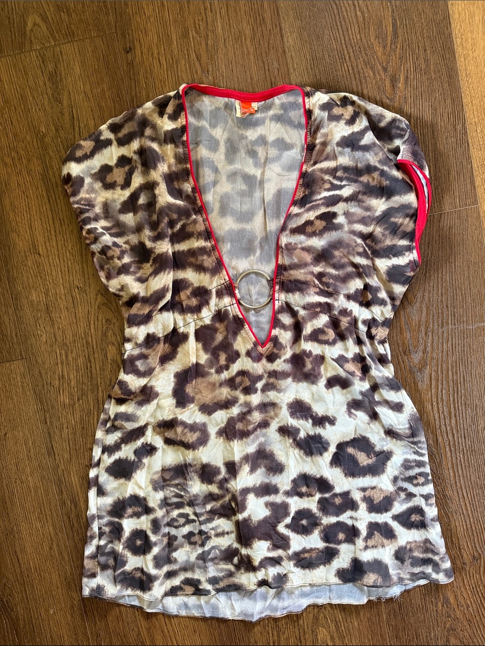 Vintage Y2K Becca Leopard Print Plunge Tunic Swim Cover Up Silver O-Ring XS/S